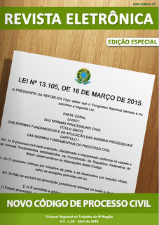 Imagem traz capa da edição 39 da Revista Eletrônica do TRT-PR, com o tema "Novo Código de Processo Civil"