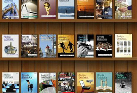 Imagem traz ilustração de uma estante preenchida com várias capas de edições da Revista Eletrônica do TRT-PR.
