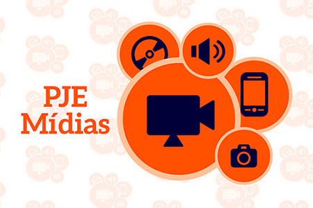 logomarca PJE Mídias composto por icones de equipamentos eletronicos em circulos sobrepostos
