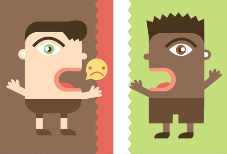 Ilustração mostra dois personagens de raças distintas, frente a frente, com um deles proferindo insultos contra o outro.