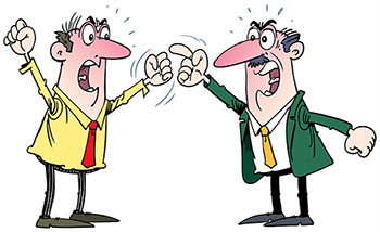 Ilustração mostra dois homens discutindo de maneira exaltada. Um deles está com o dedo em riste e um dos punhos fechado, enquanto o outro agita os braços erguidos