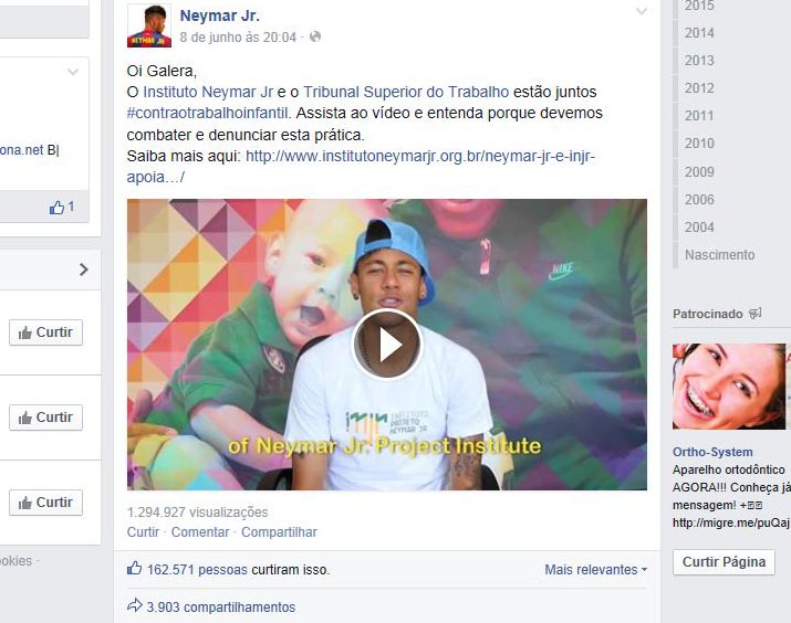 Captura de tela de página do Facebook do jogador Neymar mostra post com vídeo produzido em alusão ao dia mundial contra o trabalho infantil