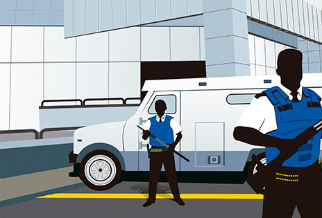 ilustração mostra vigilantes portando armas ao lado de um carro-forte