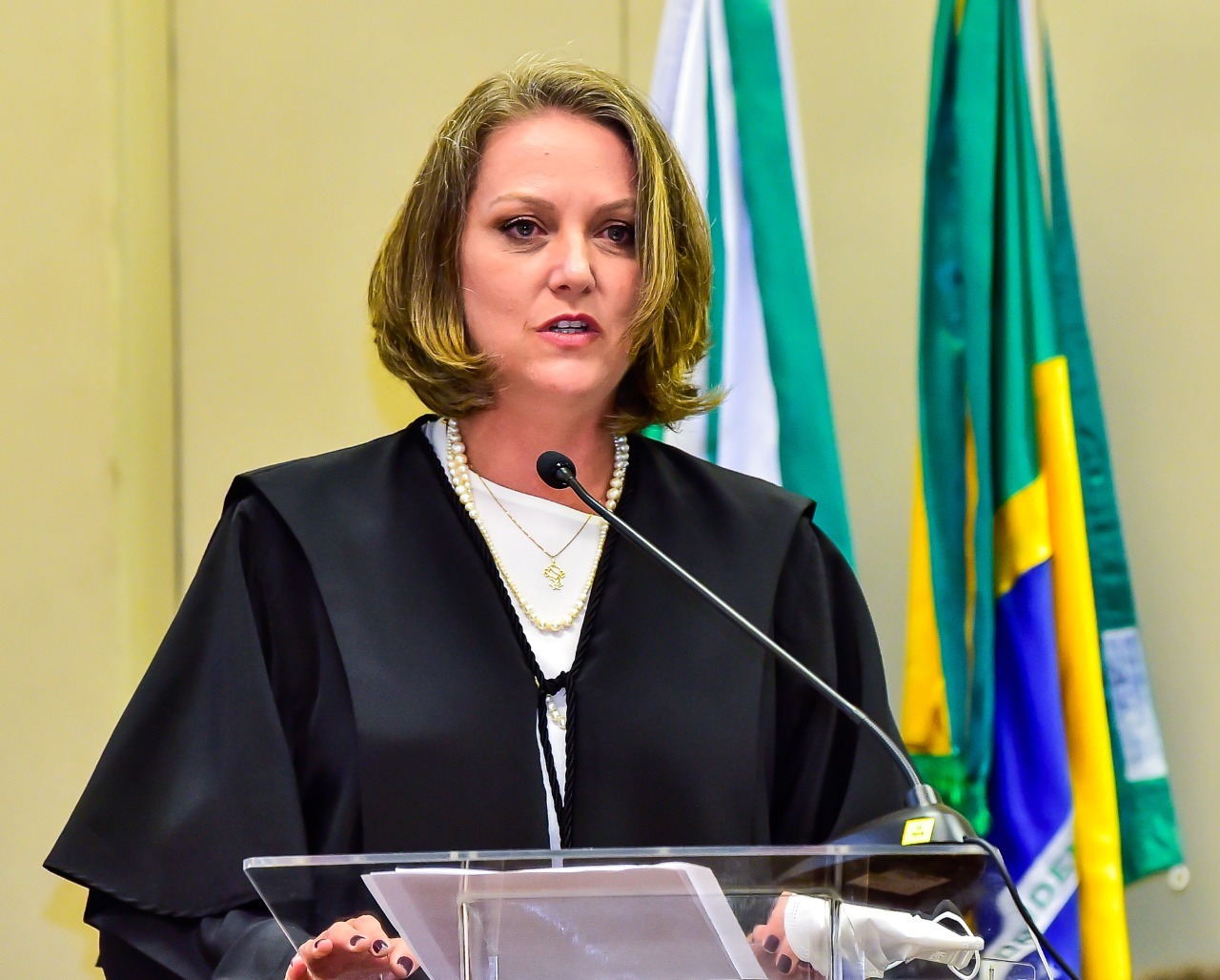 Juíza Fernanda Hilzendeger Marcon discursando no púlpito. Ela olha para o público. A Magistrada tem algumas folhas de papel às mãos. Atrás da Juíza, vemos, no mastro, a bandeira do Brasil e do Paraná.