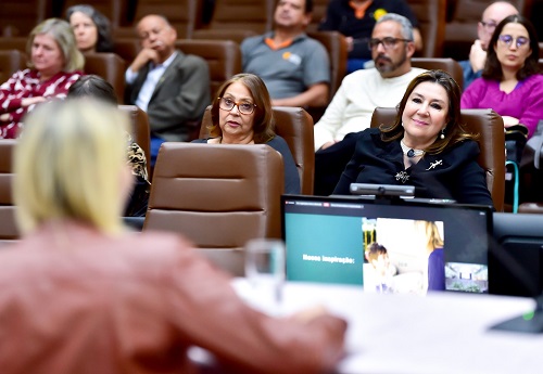 No centro da foto estão a ex-presidente do TRT-PR Rosalie Michaele Batista e a atual presidente, Ana Carolina Zaina. As duas desembargadoras assistem a uma das palestrantes, que aparece de costas, desfocada. Atrás das desembargadoras estão duas filas de pessoas que também assistem à apresentação.