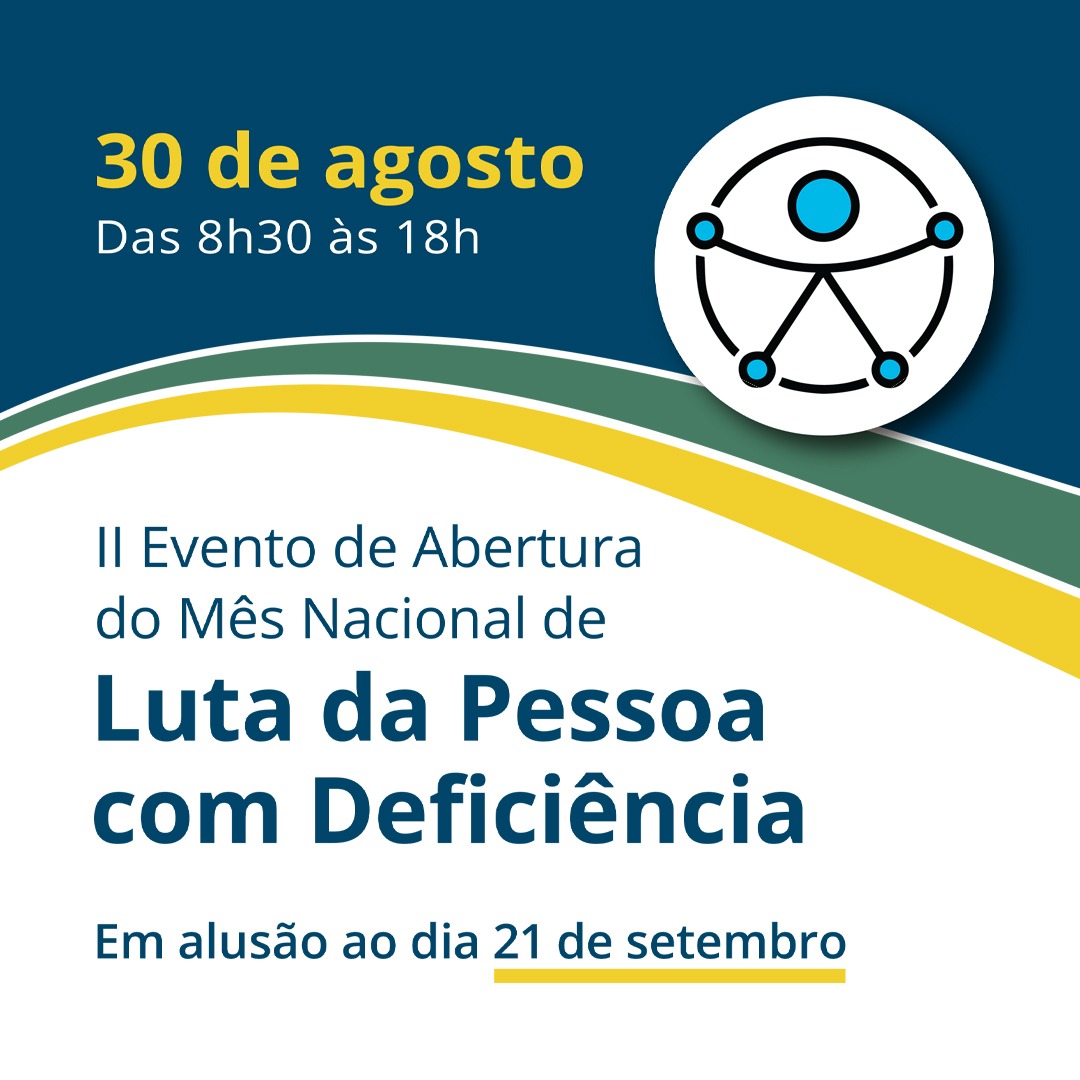 Imagem com fundo branco e azul, com uma faixa em verde e amarelo na horizontal. No lado superior direito há a logo da luta por acessibilidade. O texto é 