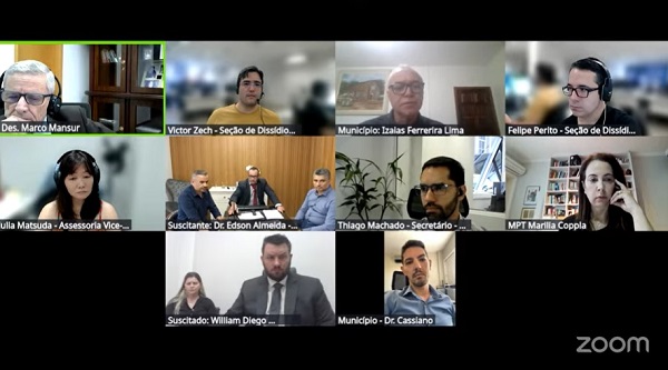 Imagem é o print da tela da audiência on-line com dez janelas, onde aparecem 13 pessoas ao todo. 