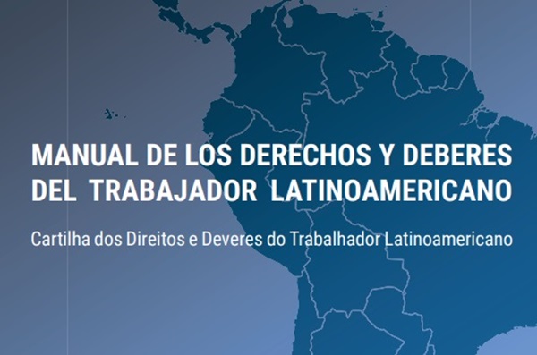 Mapa da América Latina em azul sobre fundo azul-acinzentado. Ao centro, em letras brancas, o título 