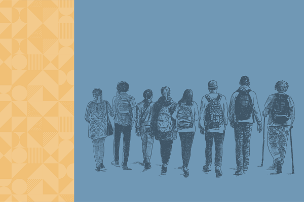 Ilustração em rabisco de adolescentes com mochilas e bolsas andando um do lado do outros