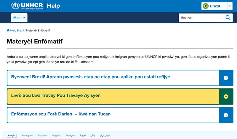 Reprodução do site da ONU com destaque em amarelo da Cartilha em criolo haitiano
