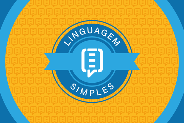 Esta &eacute; uma imagem promocional com um design circular e cores azul e amarelo-alaranjado. O fundo apresenta um padr&atilde;o repetitivo de &iacute;cones de documentos. No centro, h&aacute; um c&iacute;rculo azul e branco com um selo que tem a frase 