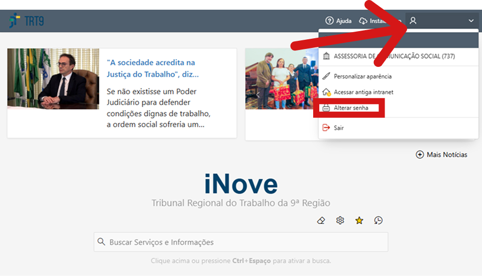 Tela inicial do portal iNove co uma flecha indicando onde encontrar o menu pessoal e a op&ccedil;&atilde;o 