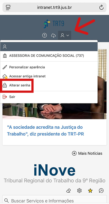Imagem da p&aacute;gina inicial do portal iNove na vers&atilde;o celular, com uma flecha indicando onde encontrar o menu pessoal e a op&ccedil;&atilde;o 
