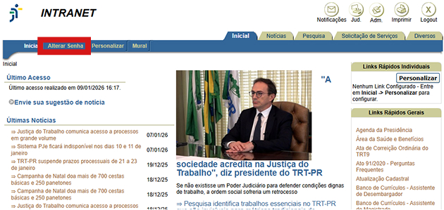 P&aacute;gina inicial da antiga intranet com a op&ccedil;&atilde;o 