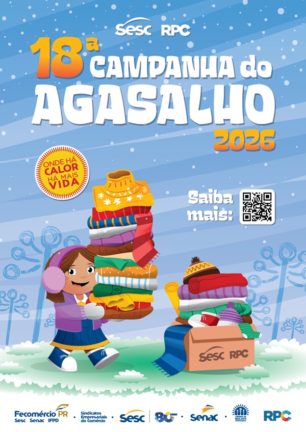 A imagem &eacute; um cartaz promocional da Campanha do Agasalho do Sesc.  Visual: O fundo &eacute; composto por tons de azul e formas geom&eacute;tricas que lembram tecidos sobrepostos.  Elemento Central: Uma ilustra&ccedil;&atilde;o estilizada de um casaco de inverno grande, com cores vibrantes em amarelo, azul e vermelho, centralizada na composi&ccedil;&atilde;o.  Texto em Destaque: 