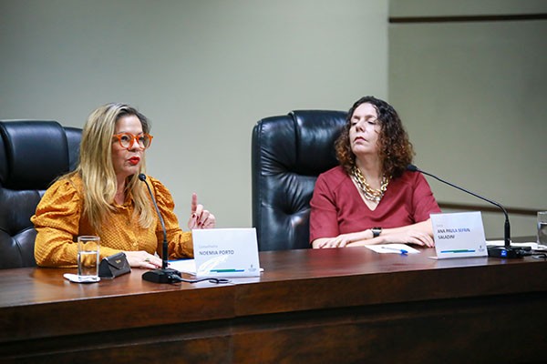 A imagem mostra a conselheira Noemia Porto e a ju&iacute;za Ana Paula Saladini sentadas &agrave; mesa do semin&aacute;rio, durante a palestra. Conselheira Noemia tem cabelo loiro de comprimento m&eacute;dio, usa &oacute;culos de arma&ccedil;&atilde;o alaranjada e batom vermelho. Veste uma blusa amarela/mostarda de mangas compridas. Est&aacute; com a m&atilde;o esquerda ligeiramente erguida como se estivesse a falar para o microfone posicionado &agrave; sua frente. &Agrave; sua frente est&aacute; uma placa de identifica&ccedil;&atilde;o em cima da mesa onde se l&ecirc; Noemia Porto.  &bull;	Ju&iacute;za Ana Paula tem cabelo escuro encaracolado e veste uma blusa ou vestido de tom avermelhado/vinho. Usa um colar prateado grande e est&aacute; apoiada na mesa a escutar. &Agrave; sua frente encontra-se outra placa de identifica&ccedil;&atilde;o com o nome Ana Paula Sefrin Saladini. 