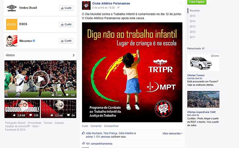 Captura de tela de página do Facebook do Clube Atlético Paranaense mostra post com campanha contra o trabalho infantil, com os dizeres Diga não ao trabalho infantil. Lugar de criança é na escola.